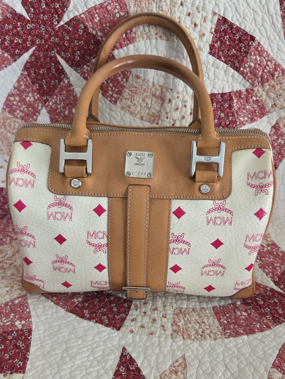 MCM Cream Canvas Satchel with Pink Logo and Tan Leather Trim